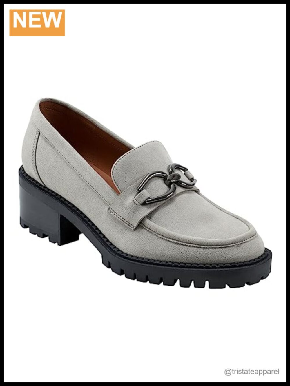Suede Slip-On Loafer with Chain Detail and Lug Sole, Block Heel